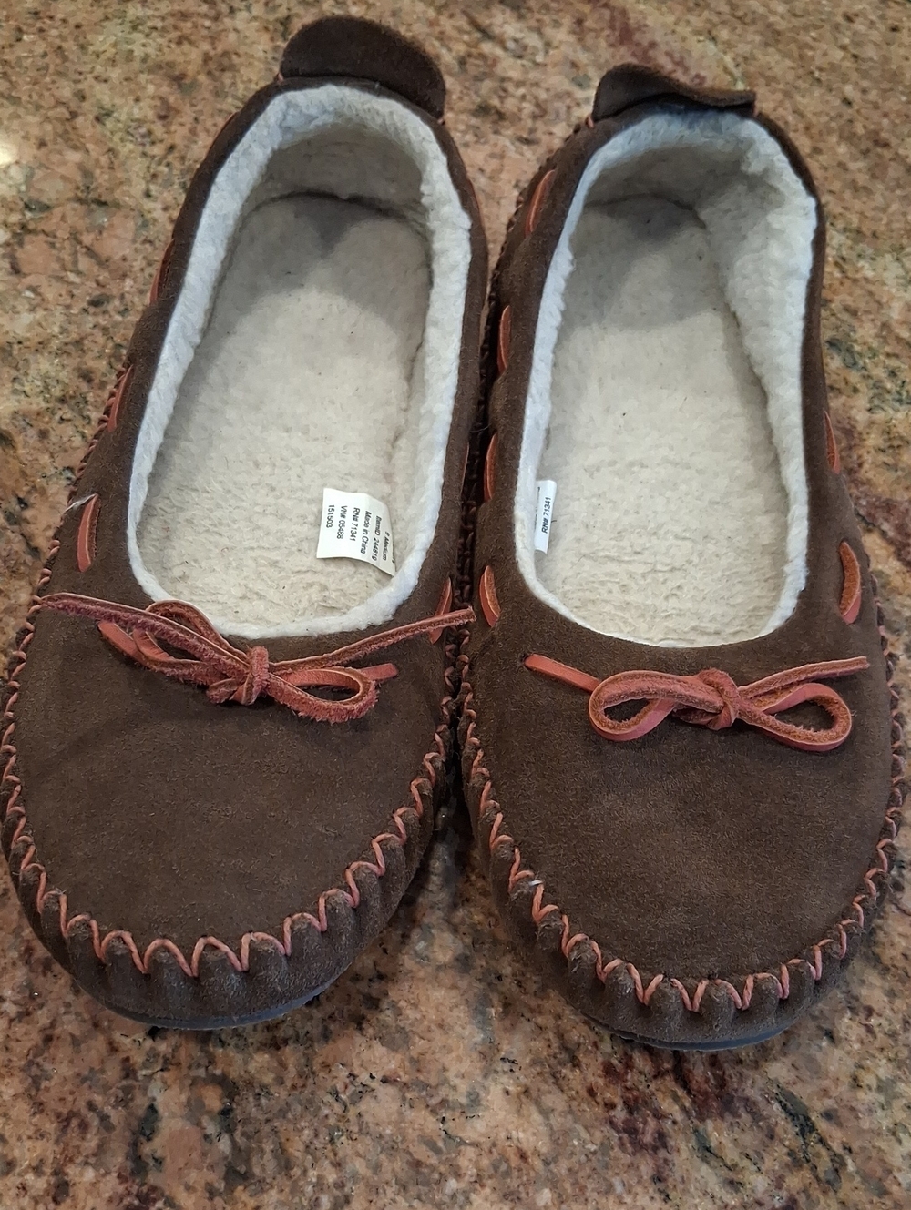 L.L. Bean Brown Suede Moccasin Slippers with Cream Sherpa like Lining